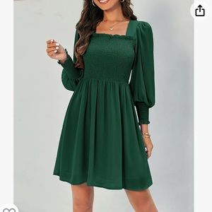 Damorong Square Neck Smocked Casual Flowy Puff Long Sleeve Ruffle PartyMiniDress